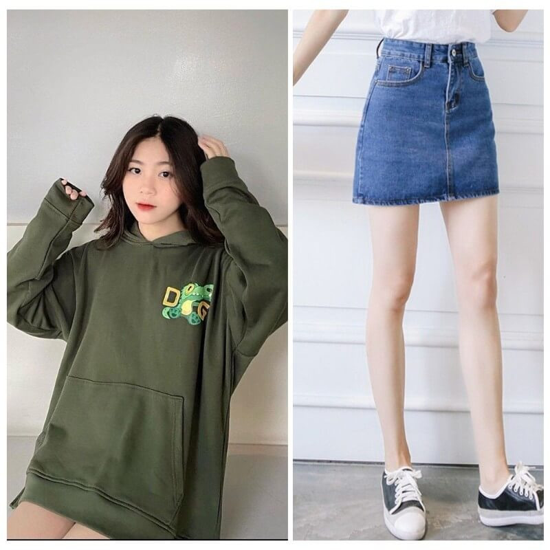 alt text: Chân váy jean phối với áo hoodie