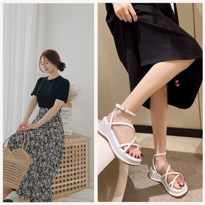 chân váy hoa với giày sandal