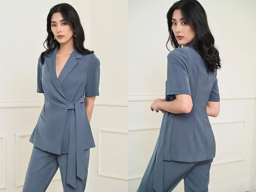 Áo blazer buộc đai màu xanh