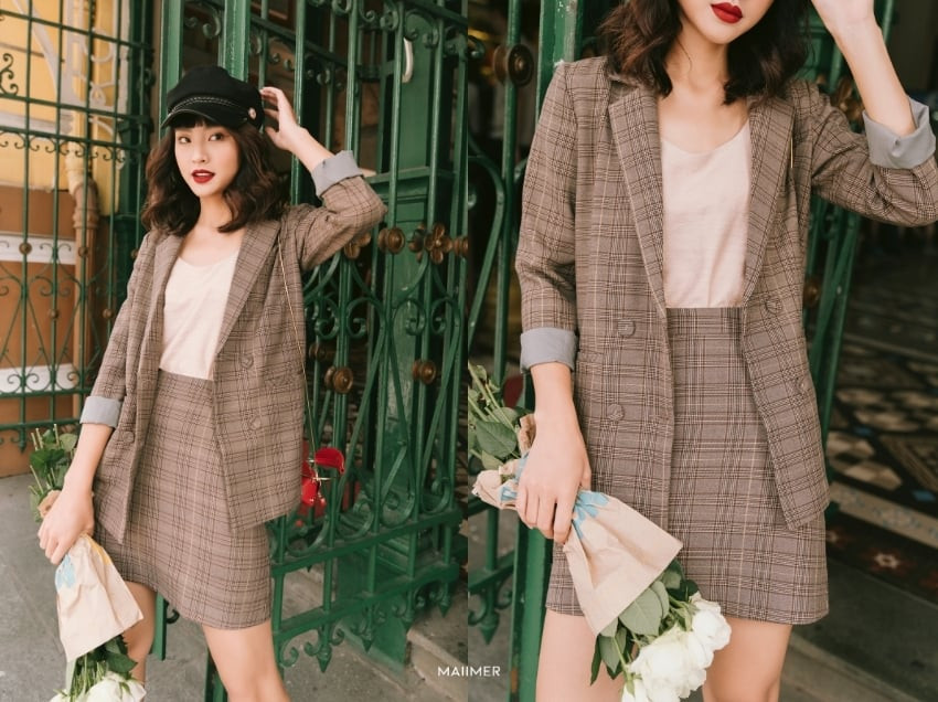 Áo blazer nữ caro phối với chân váy ngắn