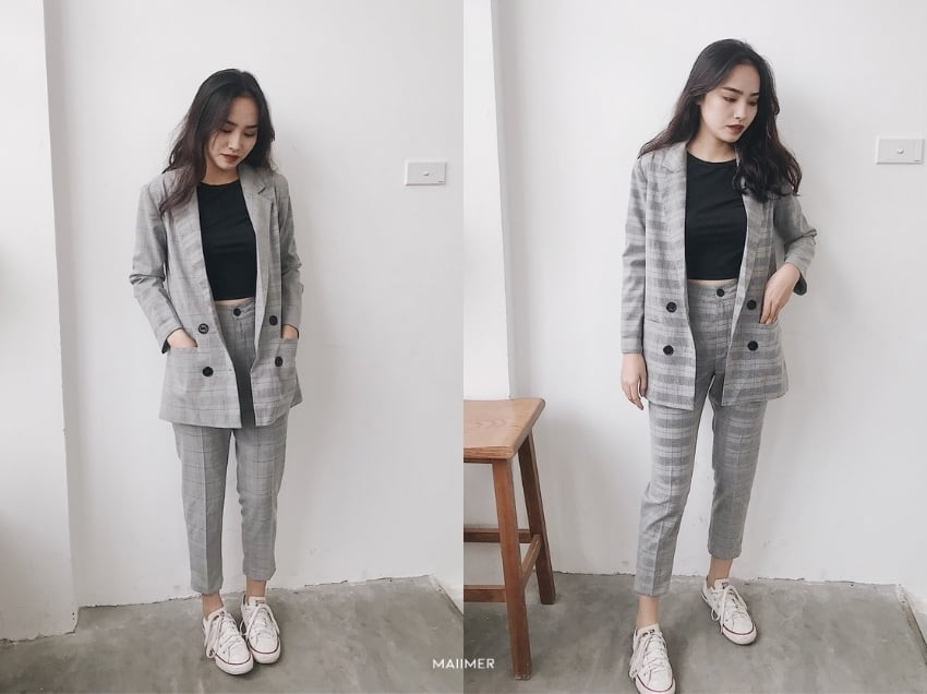 Áo blazer nữ caro phối với quần âu