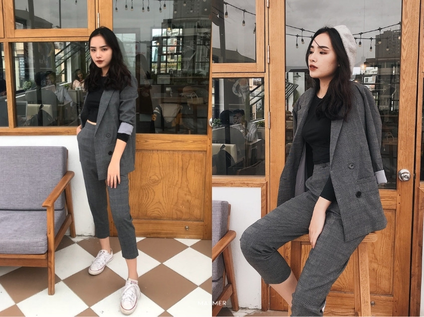 Áo blazer nữ caro phối với quần baggy