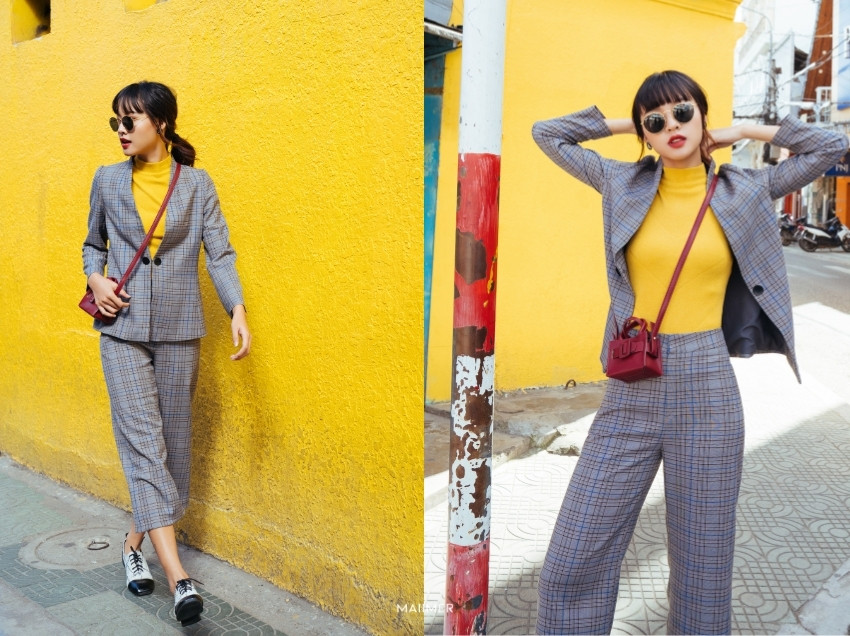 Áo blazer nữ caro phối với quần culottes