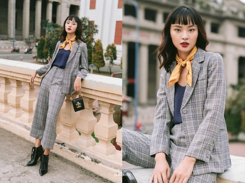 Áo blazer nữ caro phối với quần ống loe