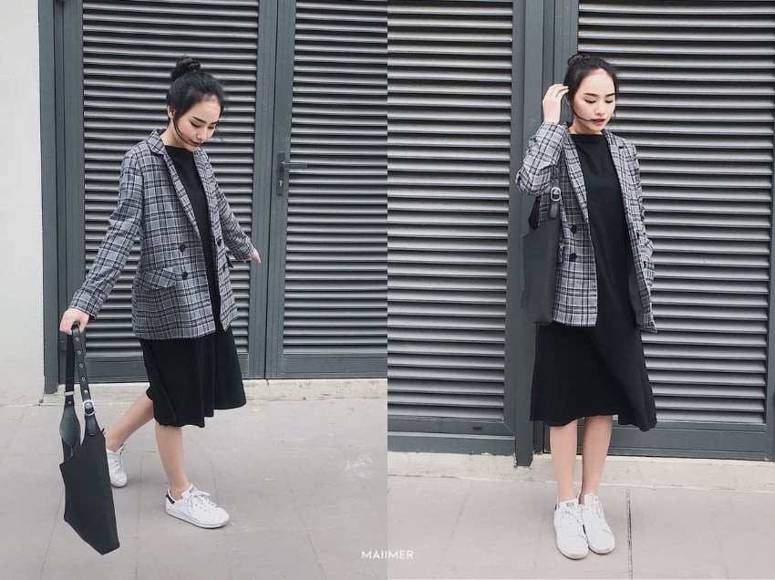 Áo Blazer nữ caro phối với váy liền thân