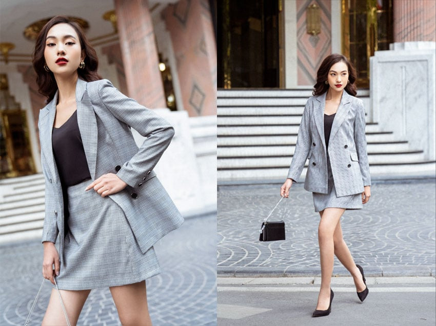 Áo blazer nữ Felia màu xám kẻ