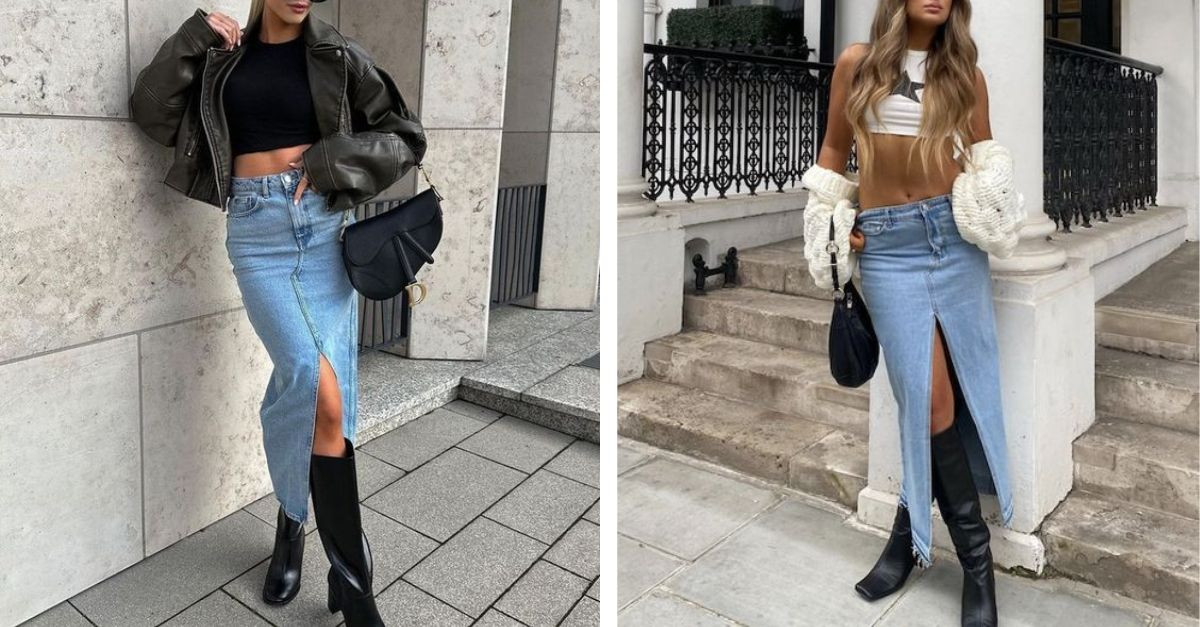 Áo croptop với chân váy jean dài