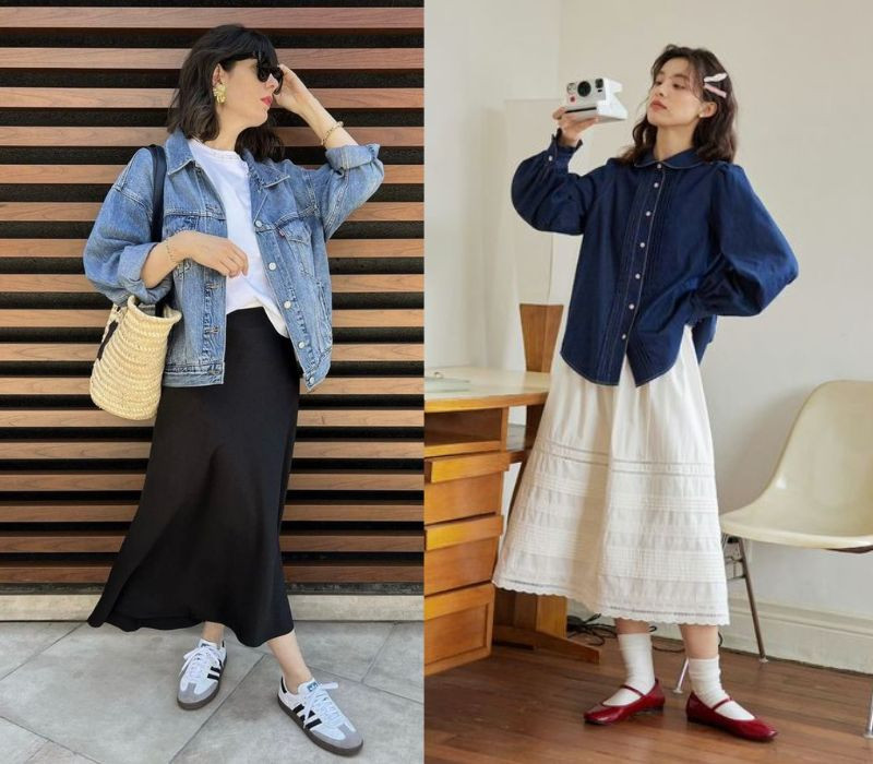 Chân váy maxi dài phối với áo sơ mi denim