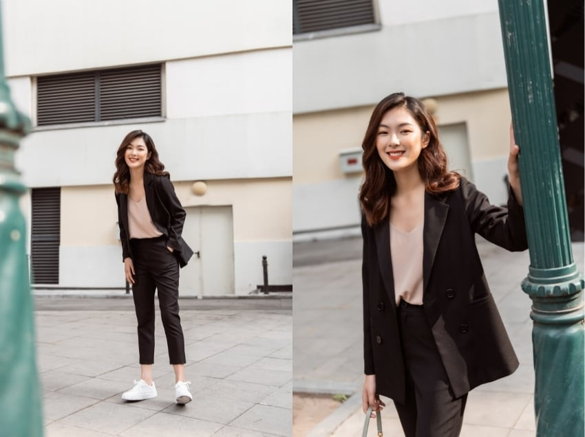 Quần baggy phối với áo blazer