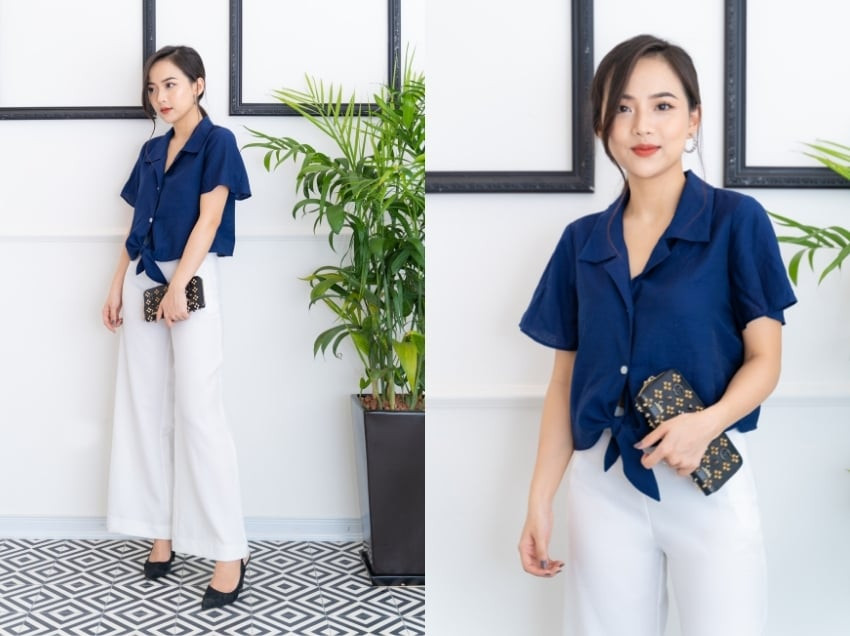 Quần culottes ống rộng phối với áo sơ mi