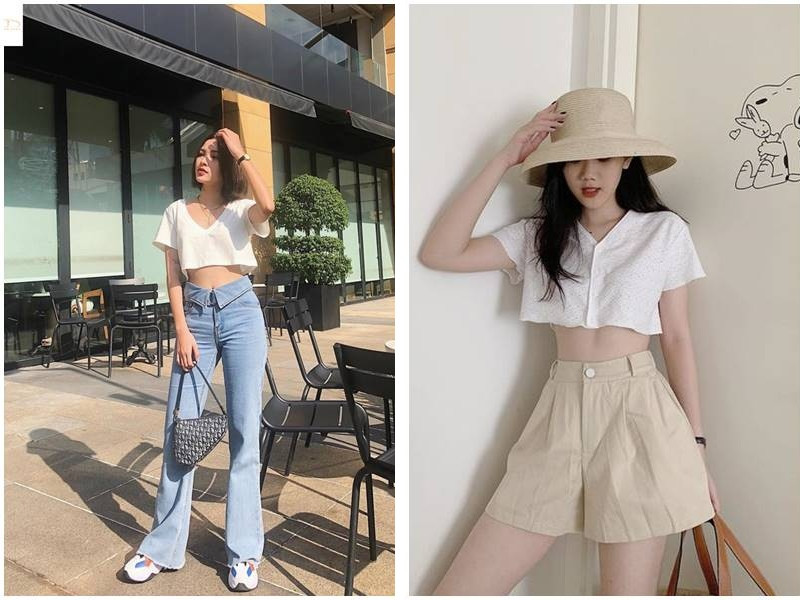 Áo croptop phối quần jean - Áo phông trắng kết hợp quần soóc