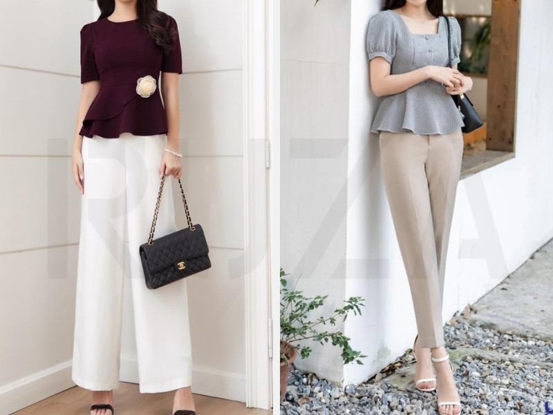 Áo peplum với quần ống rộng hoặc quần skinny