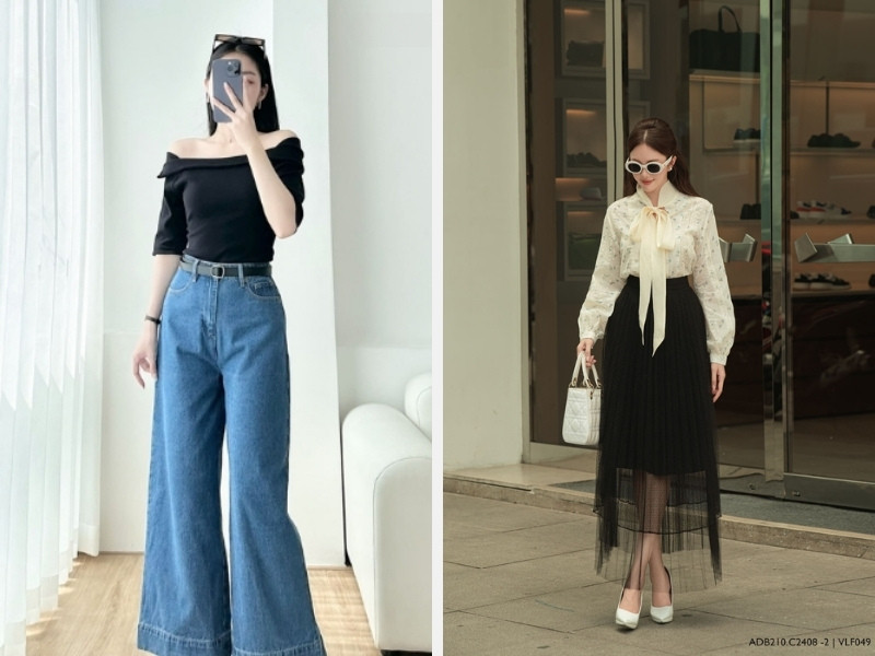 Áo trễ vai phối cùng quần jeans dài