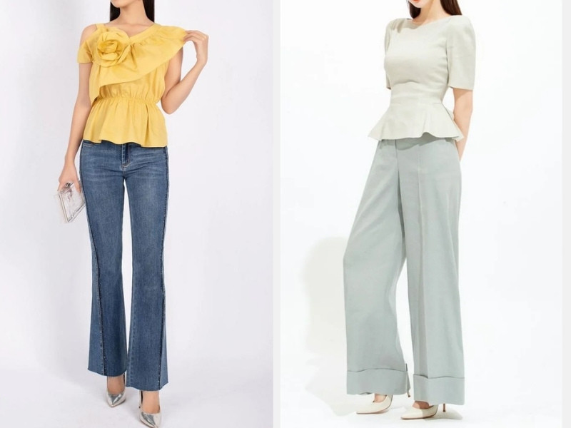 Combo áo peplum và quần ống loe hoặc quần jean ống suông