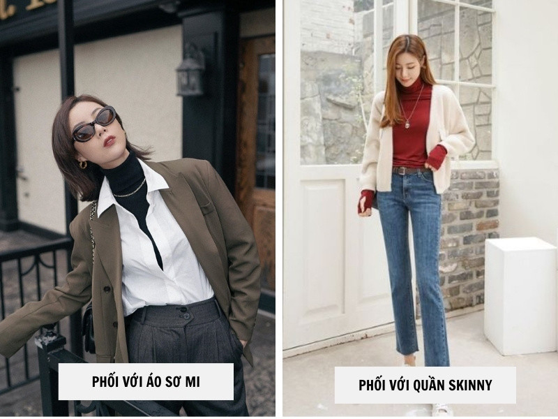 Phối áo len cổ lọ với áo sơ mi - quần skinny