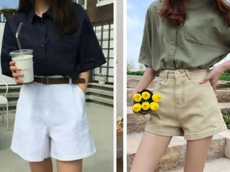 Phối quần short với áo sơ mi đen