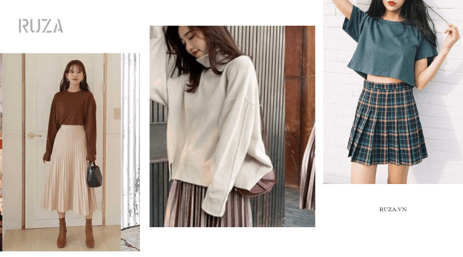 Váy xếp ly Phối áo cardigan len - áo len cổ cao - áo croptop